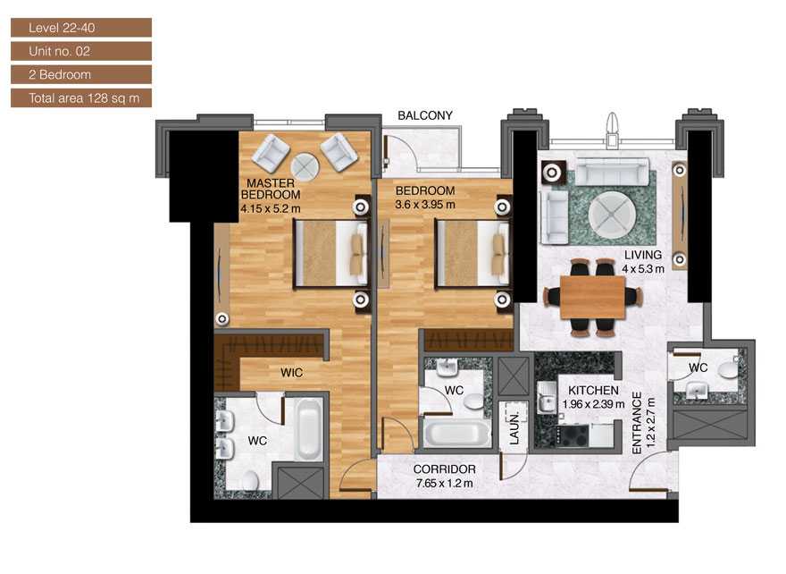 Level-22-40,Unit-no-2-,2-Bedroom-,Size-128-Sq m